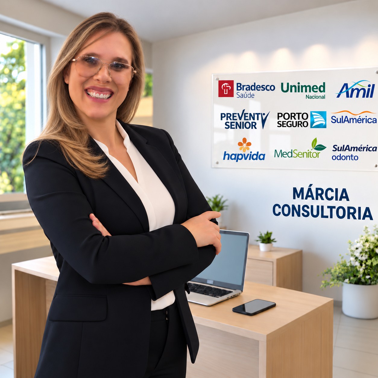Márcia Rodrigues Ruiz no escritório com o painel das operadoras de plano de saúde parceiras em São Paulo